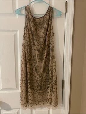 Adrianna Papell Beige Beaded Sleeveless Midi Dress